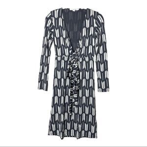 New Boden Elena Fixed Wrap Dress Gray Cream V-Neck Long Sleeve Pullover Womens 2